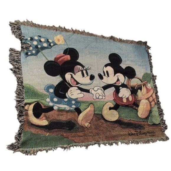 Disney World Mickey & Minnie Picnic Tapestry Throw Blanket 60x50 Vintage - Picture 6 of 10